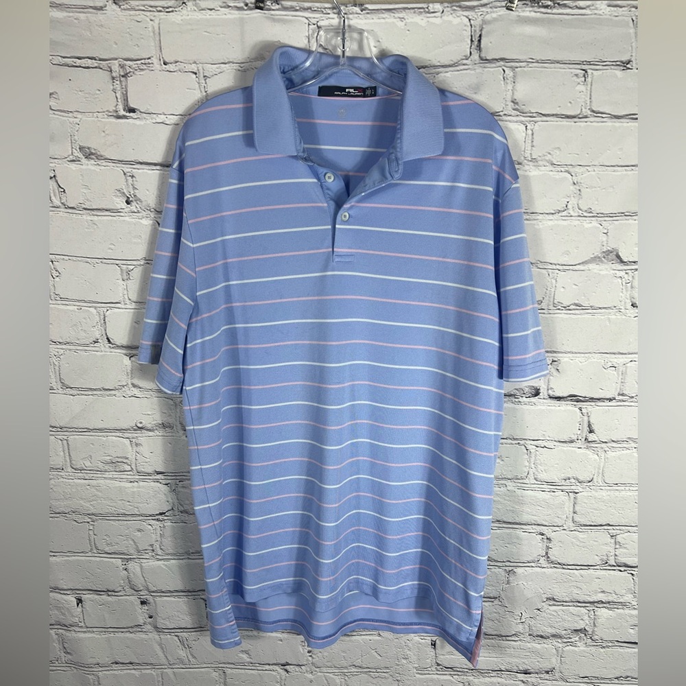 Men's Ralph Lauren RLX Blue w/ Pink & White Stripes Polo Golf Shirt Size L (A35)